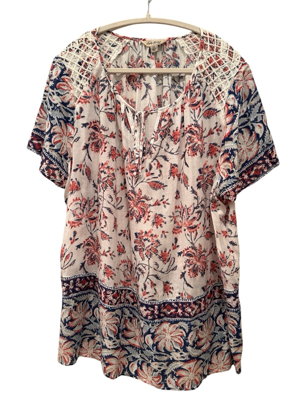 Boho Floral Tie-Neck Women's Blouse Top Tunic Lightweight Summer Comfy Sz 2X
